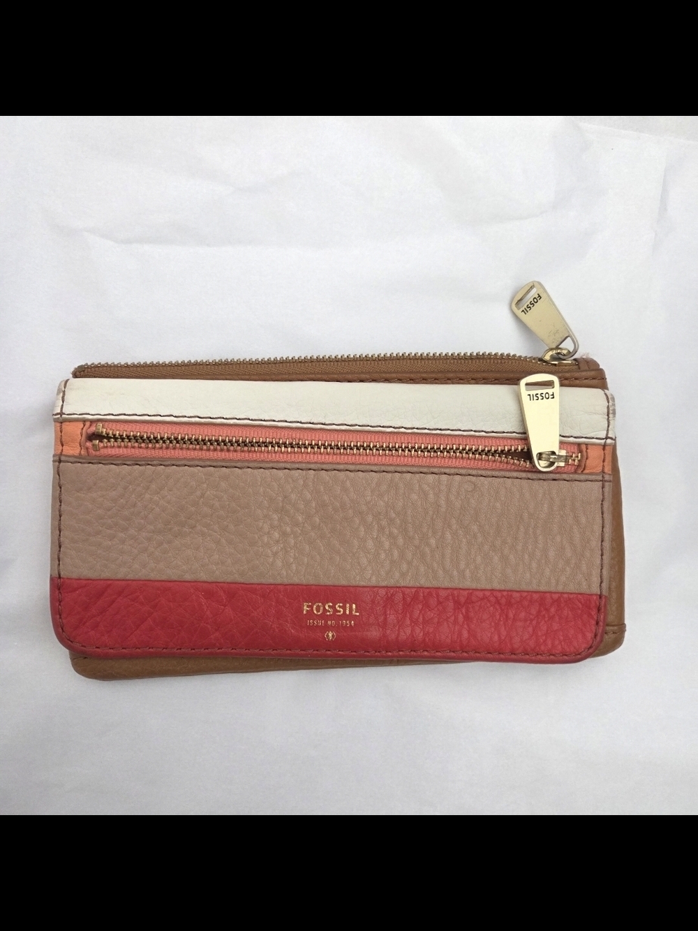Fossil Colorblock Leather Zip Wallet - Red, Tan, Cream